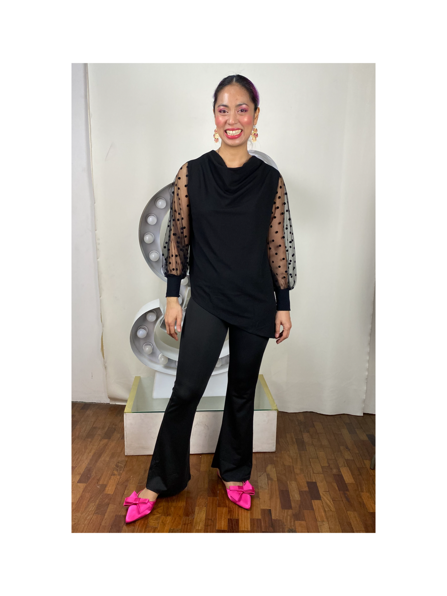 Asymmetrical Cowl Neck with Dotted Tulle Sleeves Blouse Plain