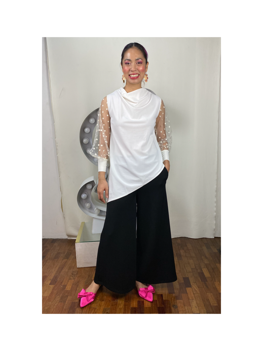Asymmetrical Cowl Neck with Dotted Tulle Sleeves Blouse Plain