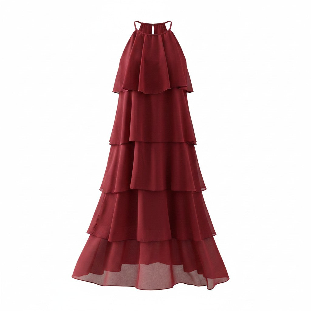 Daphne Halter Layered Long Dress Plain