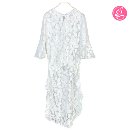 Genevieve Gozum Wildflower Lace High Low Tunic with Tie Neck