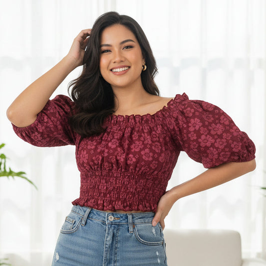 Vieve Off Shoulder Light Embossed Waisted Blouse