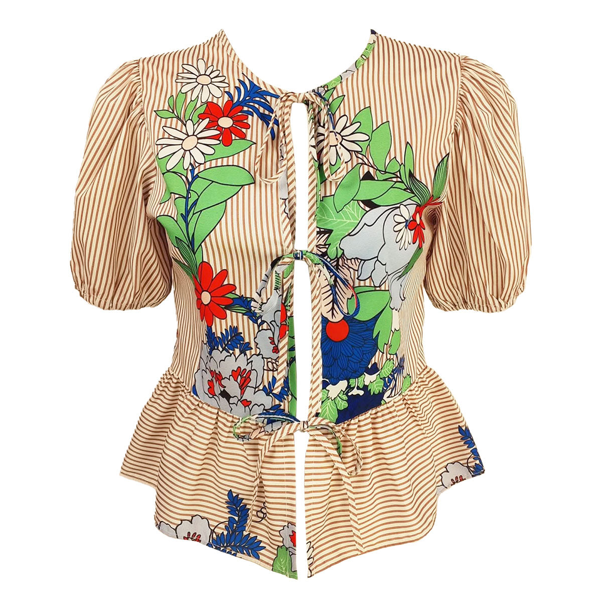 Jenny Tie Up with Sleeves Pin Stripes Floral