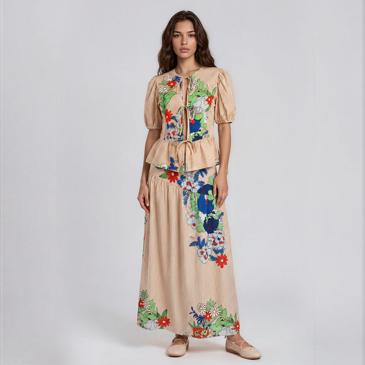 Jenny Tie Up with Sleeves Pin Stripes Floral
