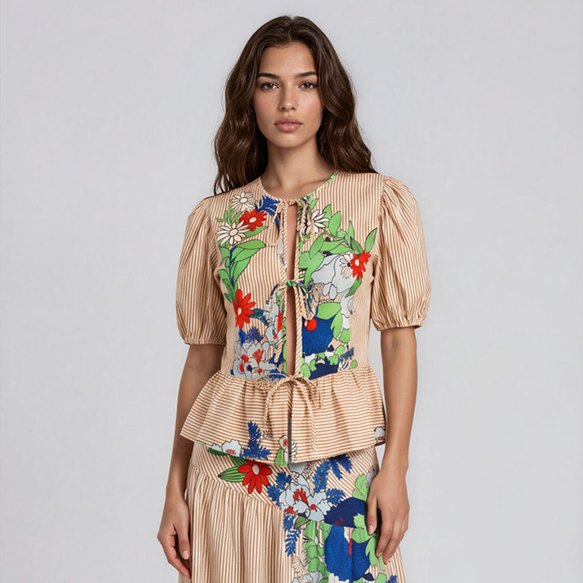 Jenny Tie Up with Sleeves Pin Stripes Floral