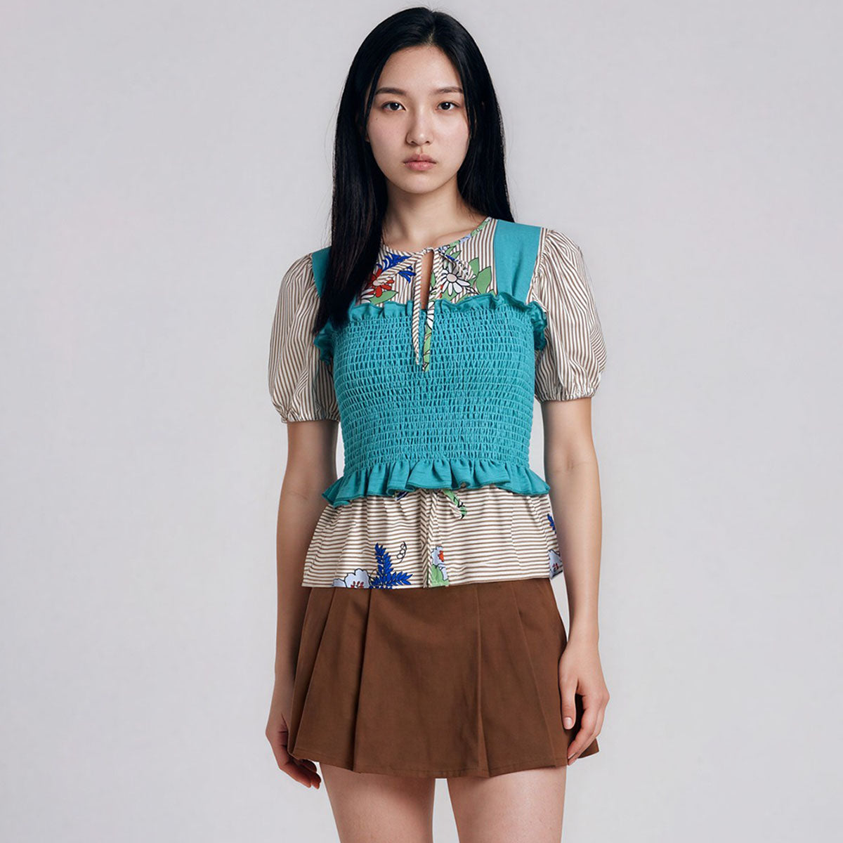 Jenny Tie Up with Sleeves Pin Stripes Floral