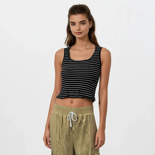 Rib Stripes Sleeveless Horseshoe Neck