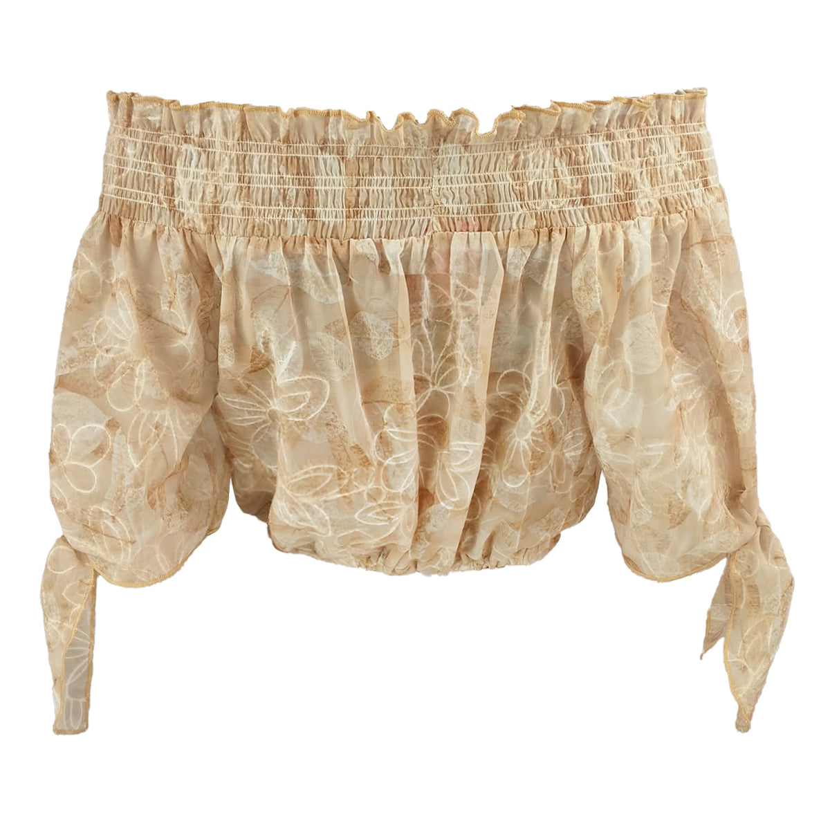 Ashley Watercolor Print Off Shoulder Bow Tie Sleeves Blouson with Bandeau