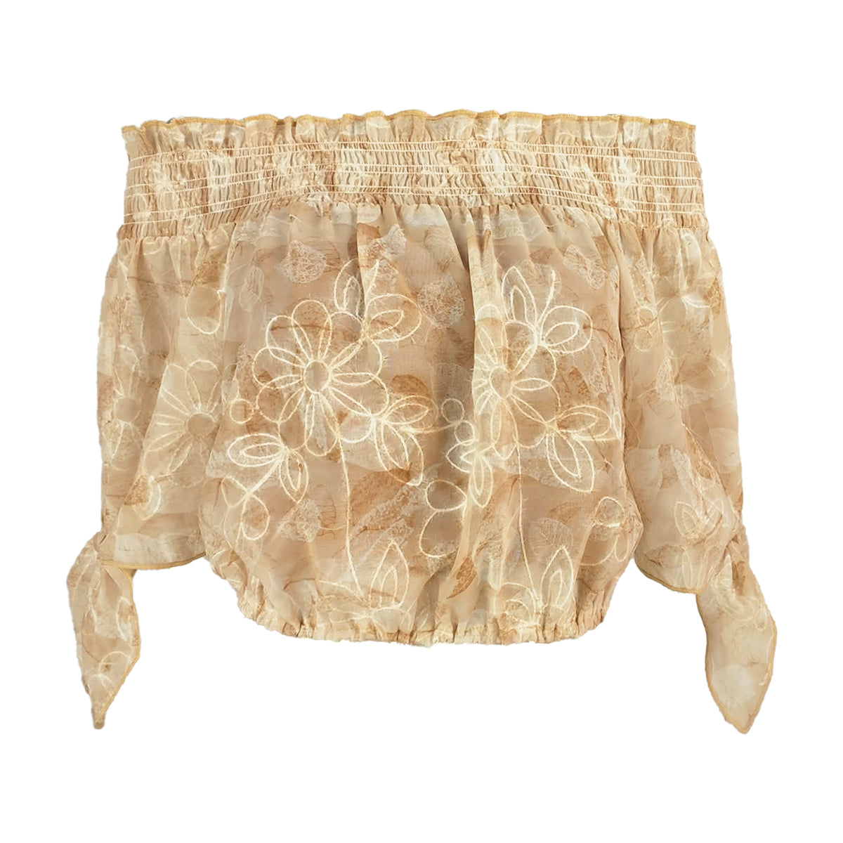 Ashley Watercolor Print Off Shoulder Bow Tie Sleeves Blouson with Bandeau