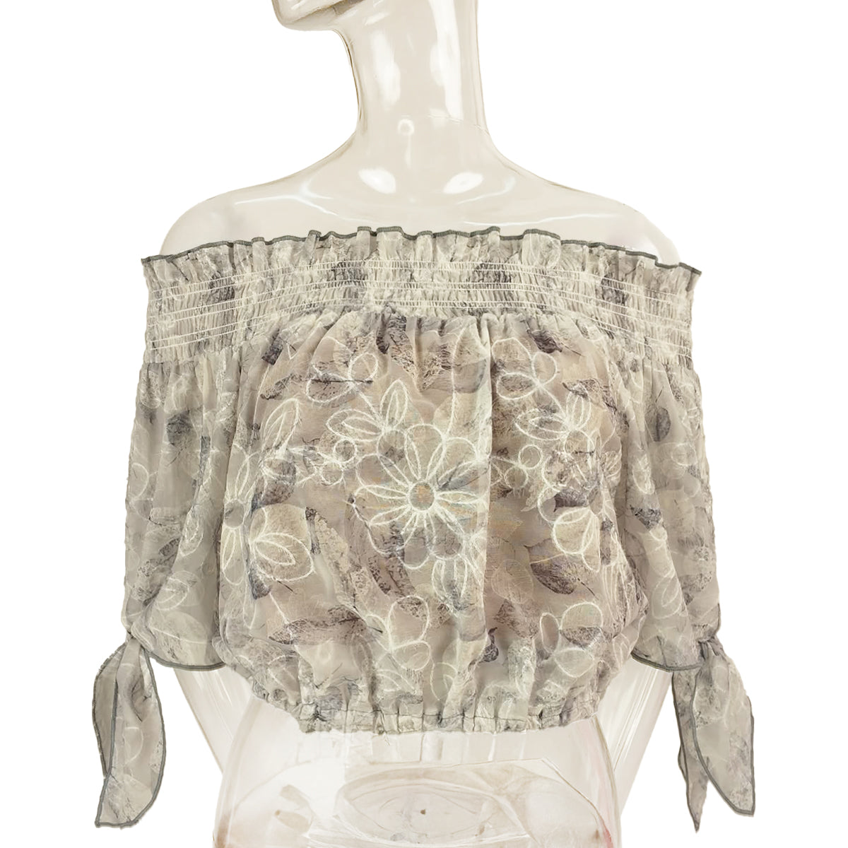 Ashley Watercolor Print Off Shoulder Bow Tie Sleeves Blouson with Bandeau