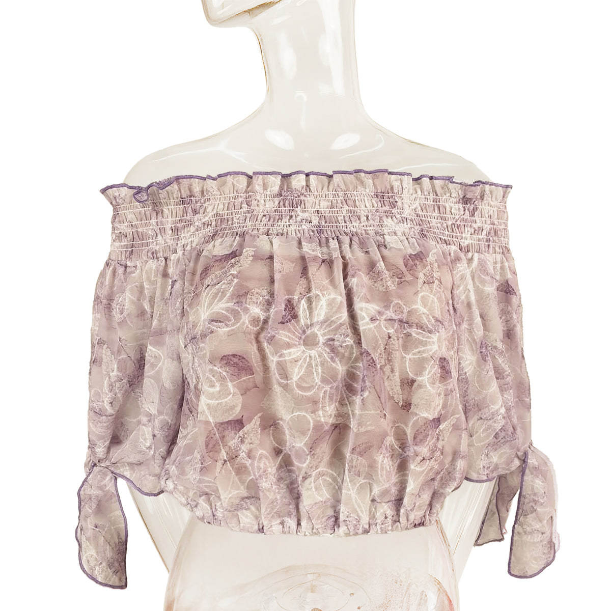 Ashley Watercolor Print Off Shoulder Bow Tie Sleeves Blouson with Bandeau