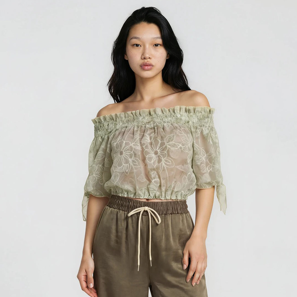 Ashley Watercolor Print Off Shoulder Bow Tie Sleeves Blouson with Bandeau