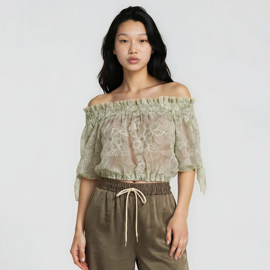 Ashley Watercolor Print Off Shoulder Bow Tie Sleeves Blouson with Bandeau