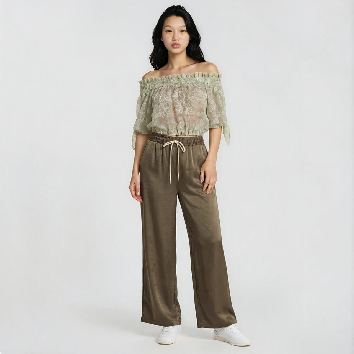 Ashley Watercolor Print Off Shoulder Bow Tie Sleeves Blouson with Bandeau