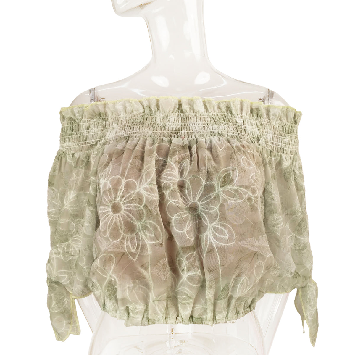 Ashley Watercolor Print Off Shoulder Bow Tie Sleeves Blouson with Bandeau