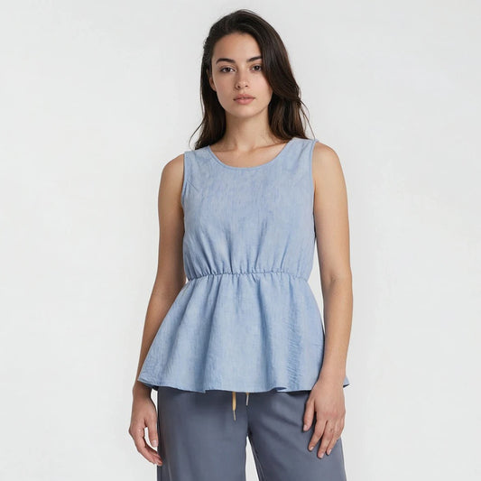 Olivia Peplum Pull-Over Textured Chambray