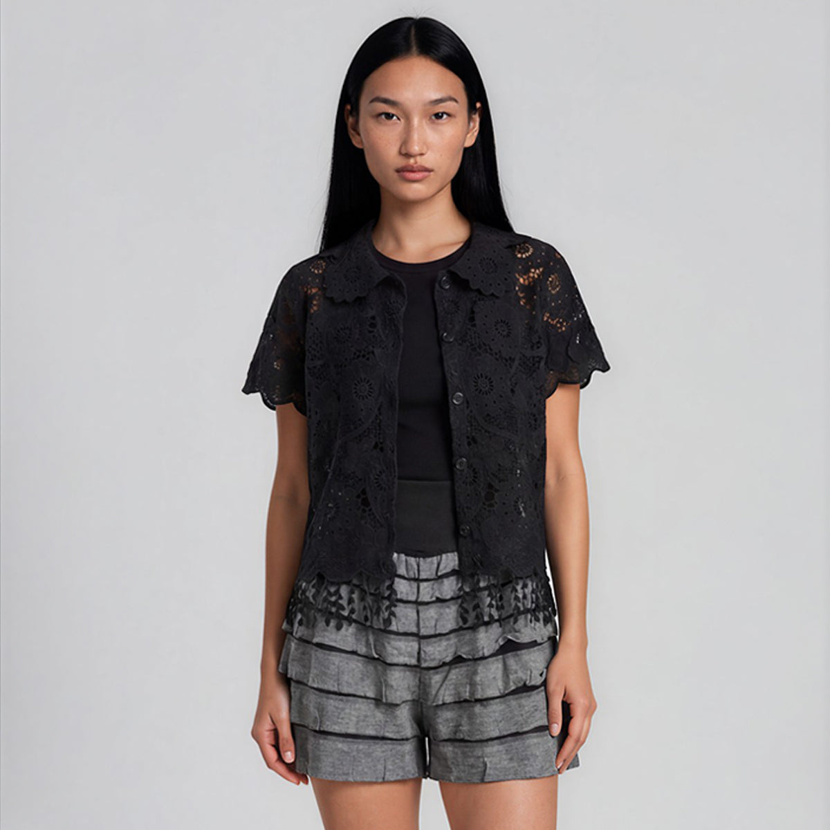 Lace Love Layer Collared Shirt with Leaves Tassel