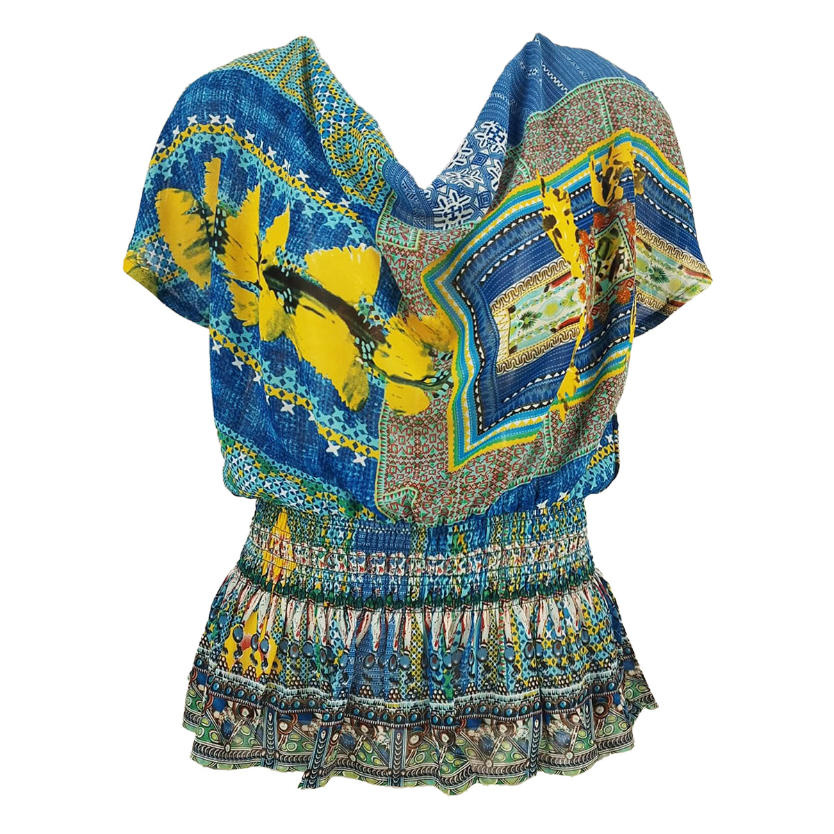 Rhapsody Print Cowl Neck with Peplum Blouse