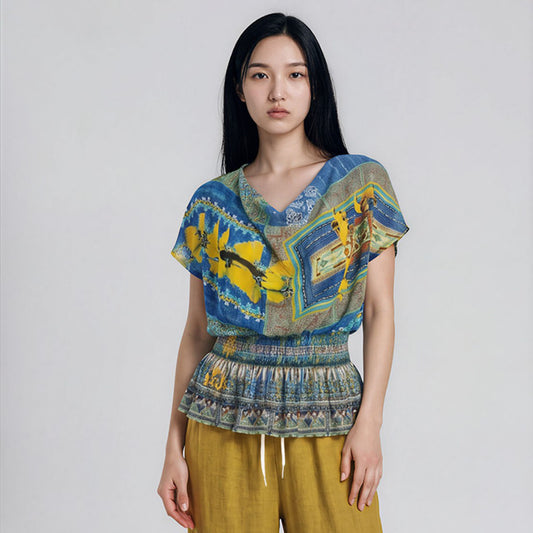 Rhapsody Print Cowl Neck with Peplum Blouse