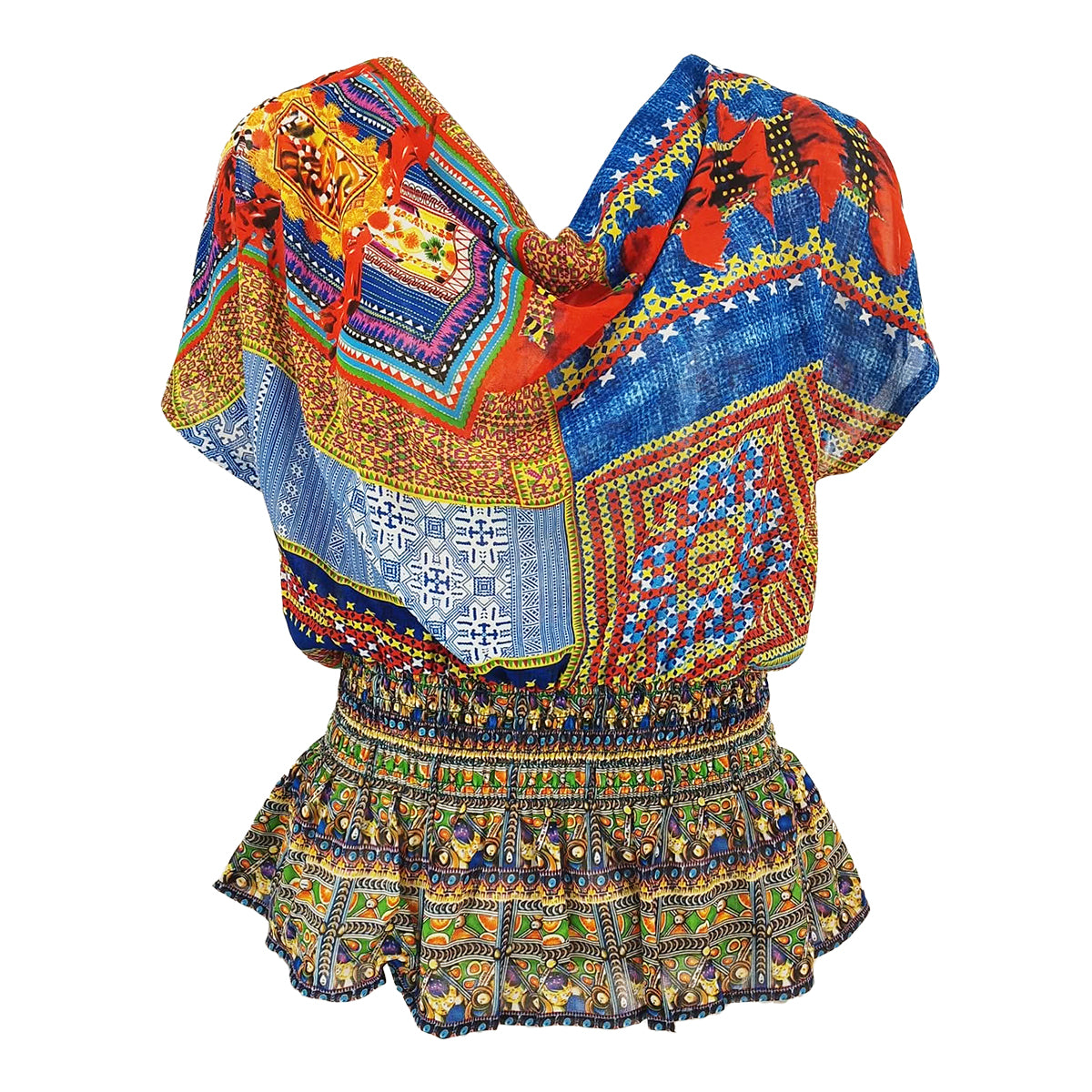 Rhapsody Print Cowl Neck with Peplum Blouse