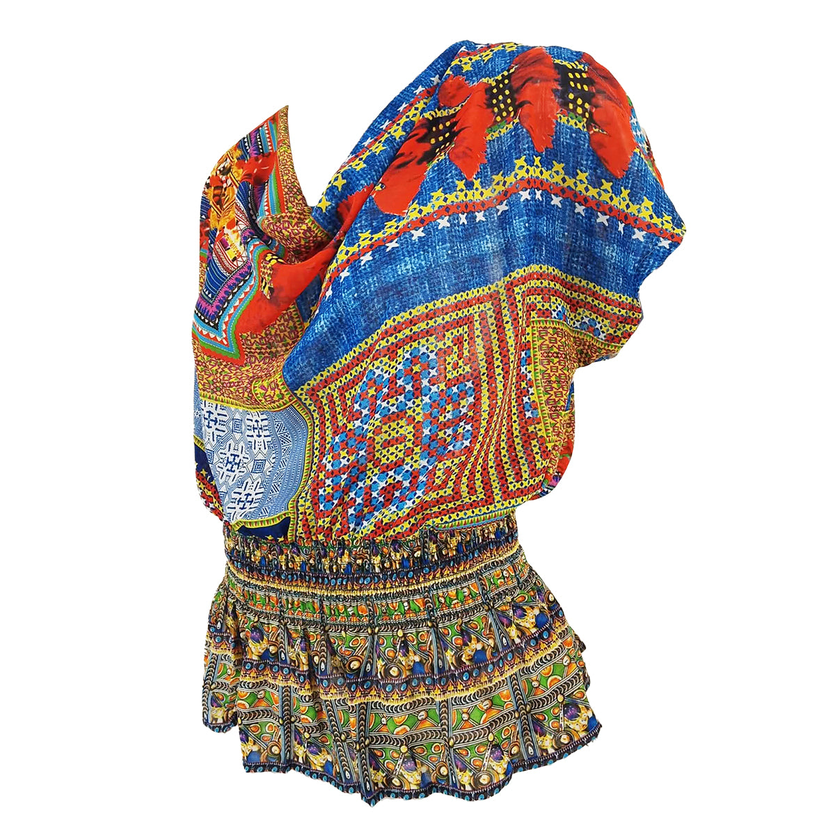 Rhapsody Print Cowl Neck with Peplum Blouse