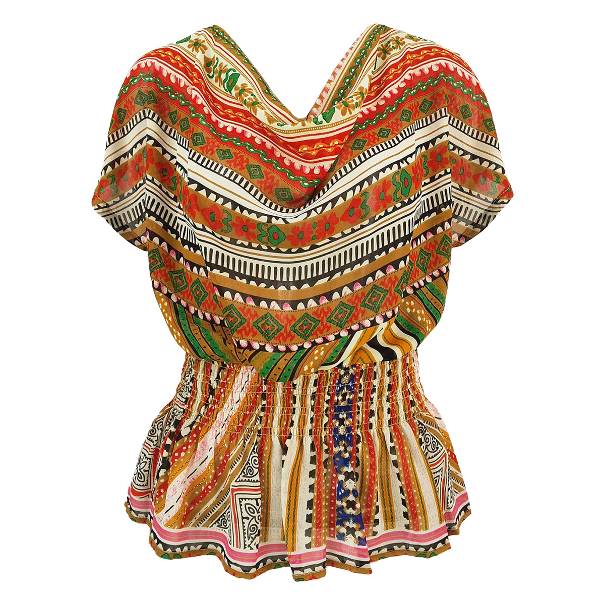 Rhapsody Print Cowl Neck with Peplum Blouse