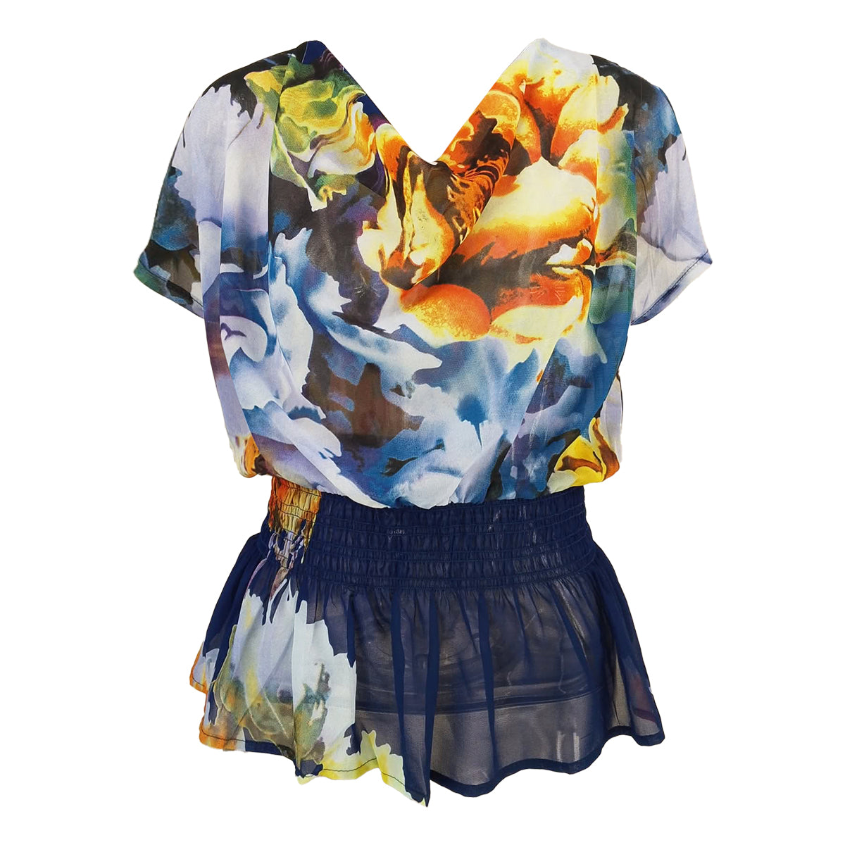 Rhapsody Print Cowl Neck with Peplum Blouse