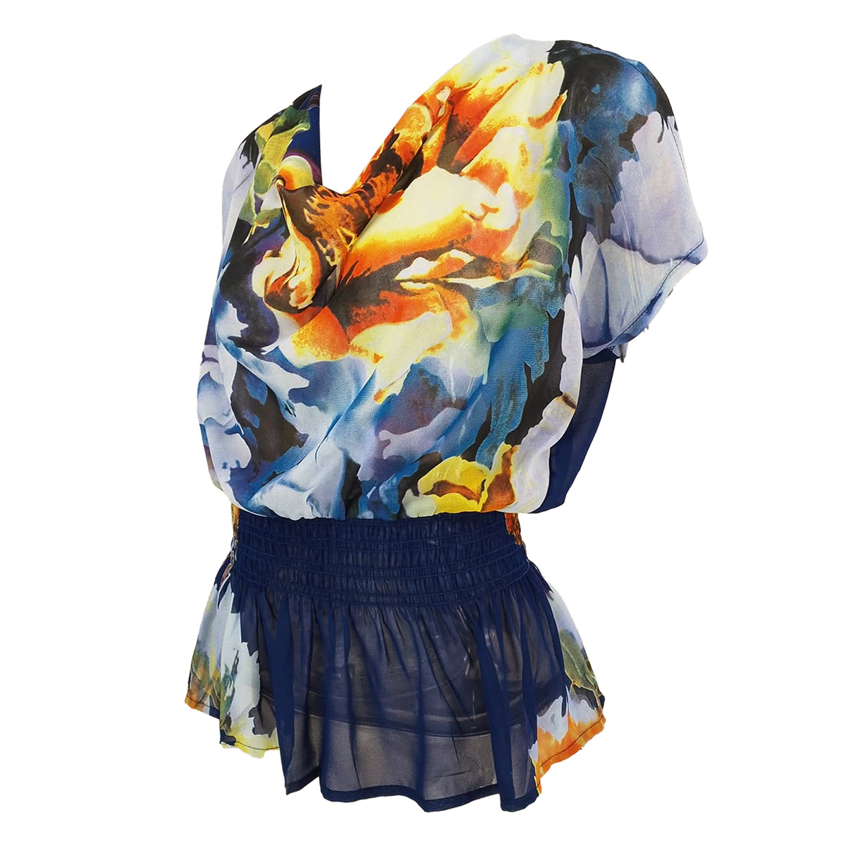 Rhapsody Print Cowl Neck with Peplum Blouse