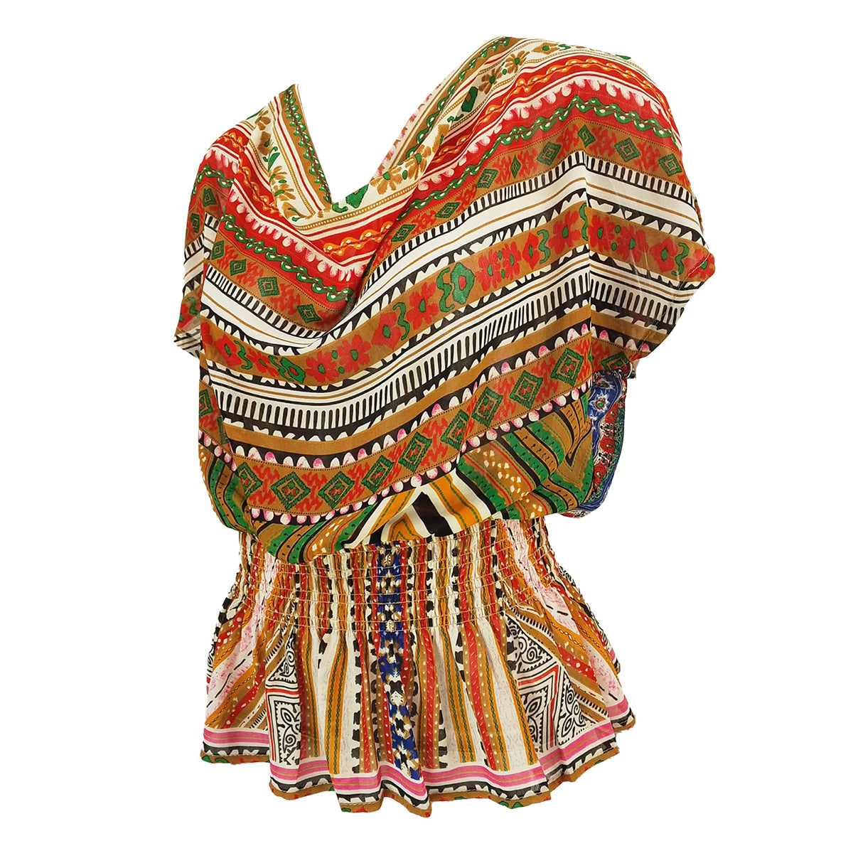 Rhapsody Print Cowl Neck with Peplum Blouse