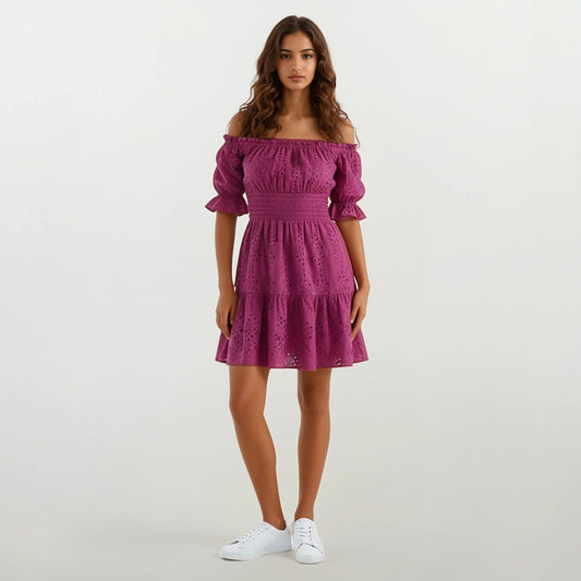 Cotton Eyelet Off Shoulder Knee Length Dress