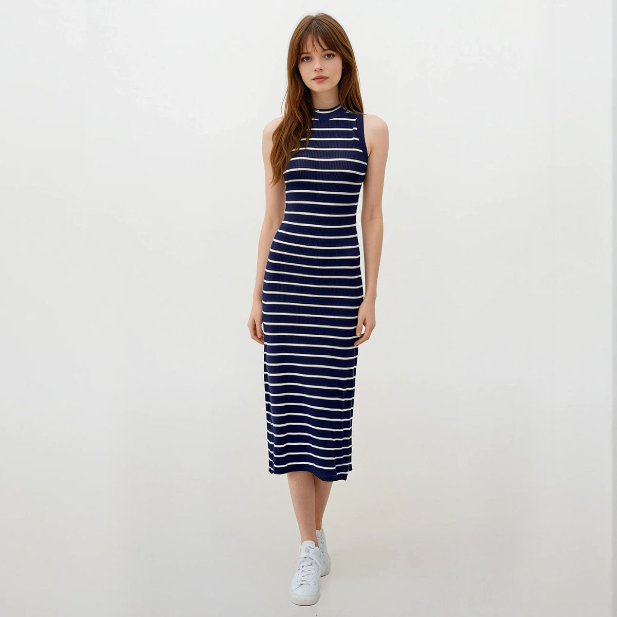 Nautical Stripes Bodycon Halter with Sexy Side Slits Dress