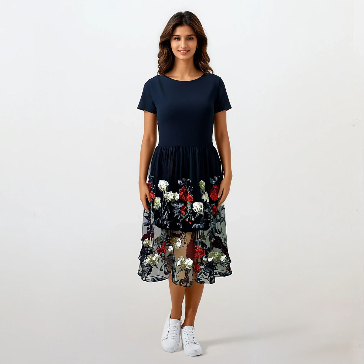 Just Got Lucky Ribbon Back Dress with Tulle Embroider Roses Tulle