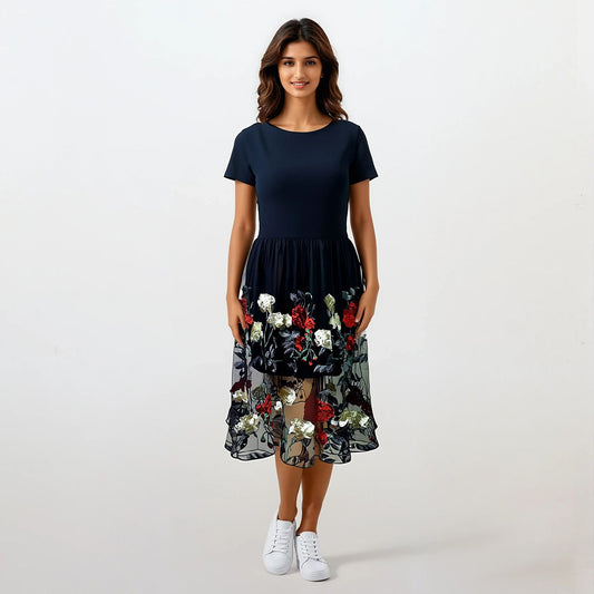 Just Got Lucky Ribbon Back Dress with Tulle Embroider Roses Tulle