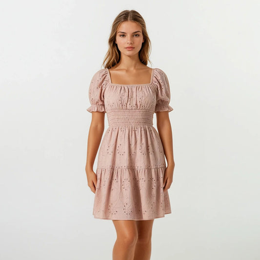 Cotton Eyelet Deep Square Neck Knee Length Dress