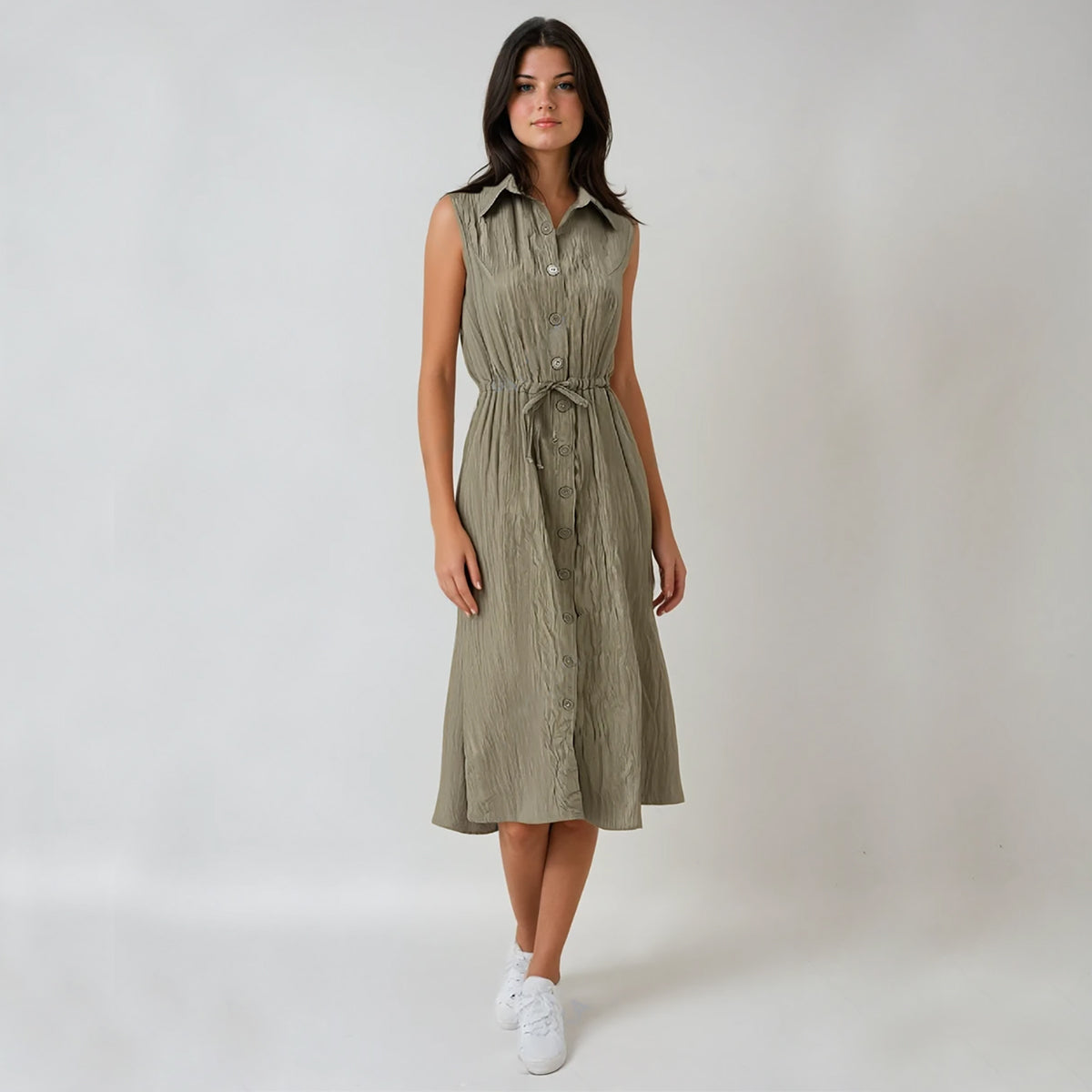 Textured Linen Blend Button Down Sleeveless Dress