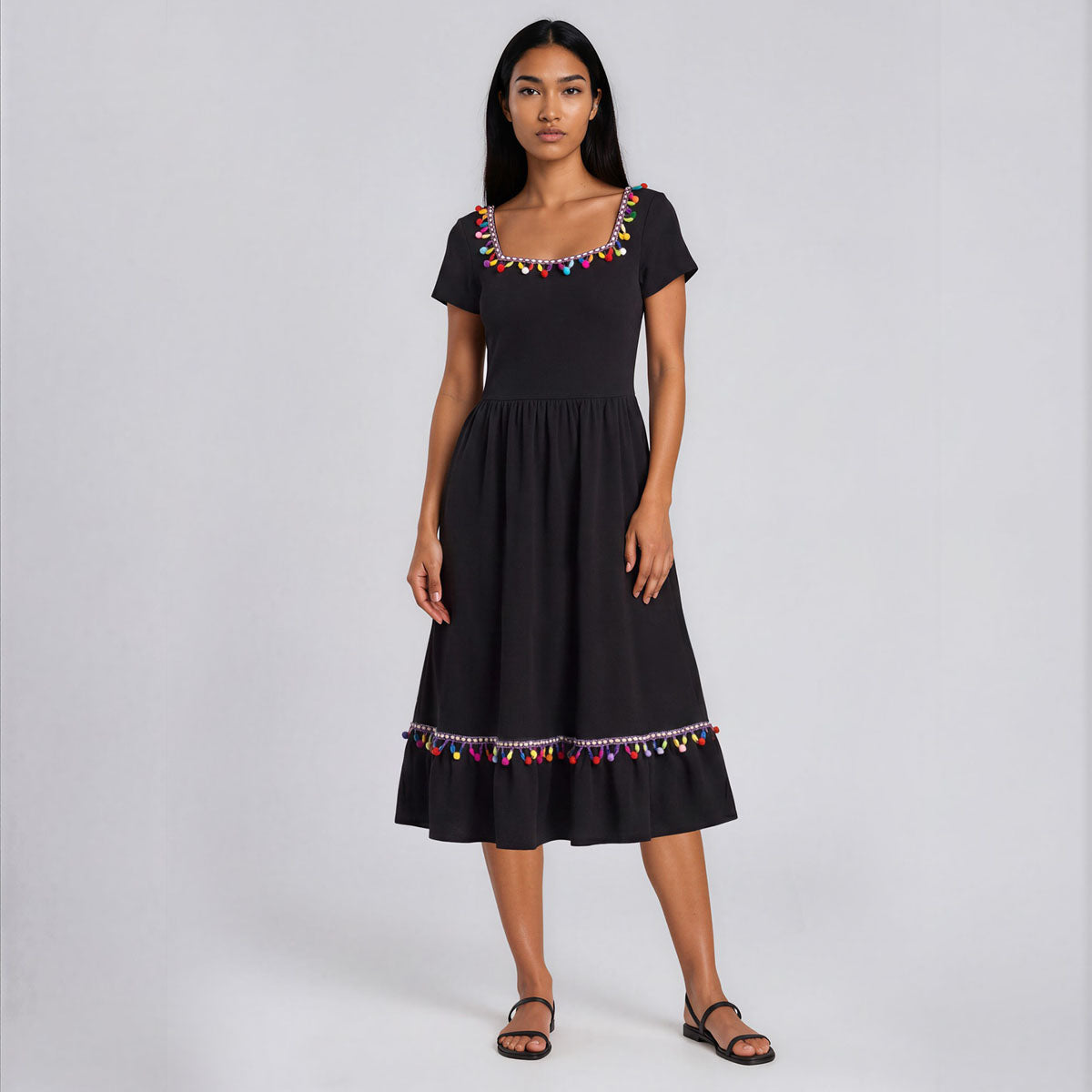 Esmeralda Square Neck with Trims Midi Dress