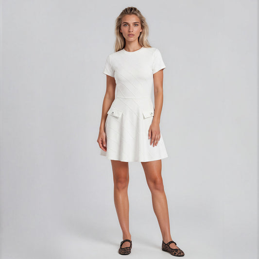 Vida Striped Dress with Rose Button (Knee Length)