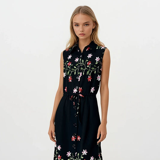 Embroidered Linen Crepe Blend Button Down Dress Sleeveless