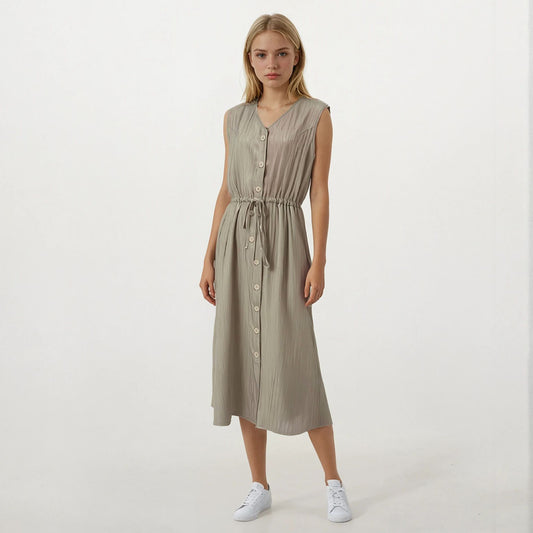 Textured Linen V Neck Button Down Sleeveless