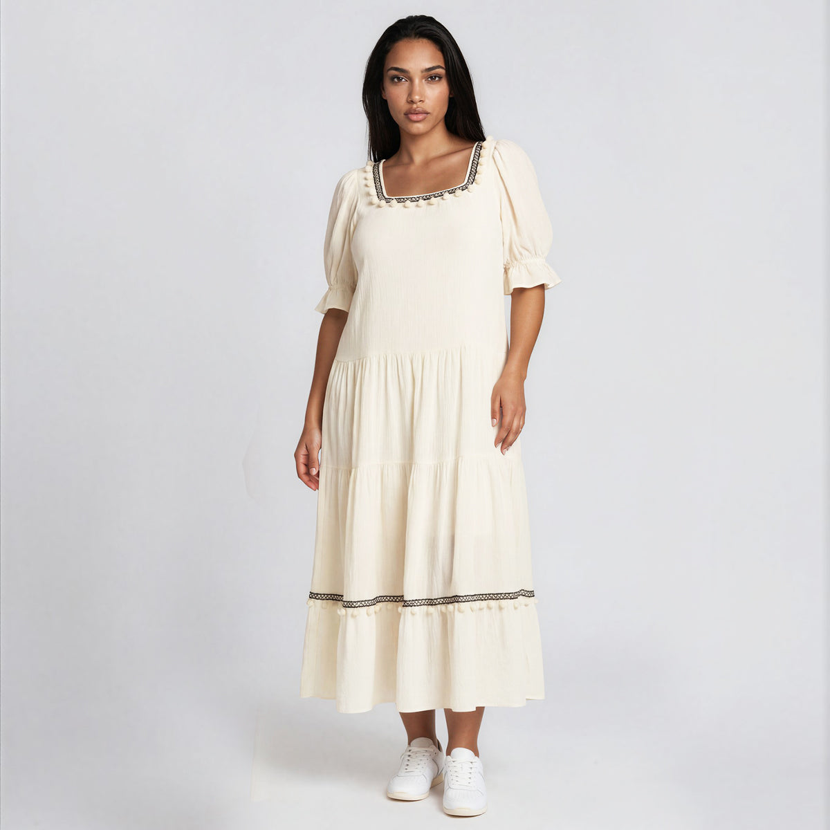 Esmeralda Easy Dress with Pompom Trims