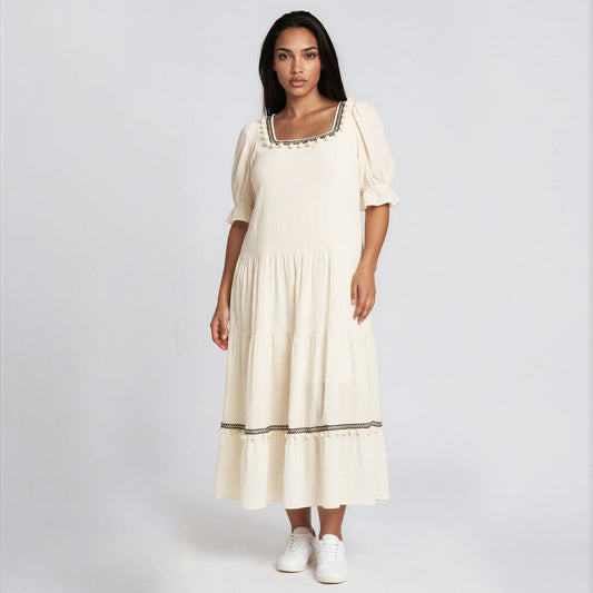 Esmeralda Easy Dress with Pompom Trims