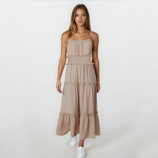 Tiered Stylish Plain Spaghetti Maxi Dress