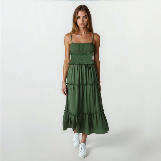 Tiered Stylish Plain Spaghetti Maxi Dress