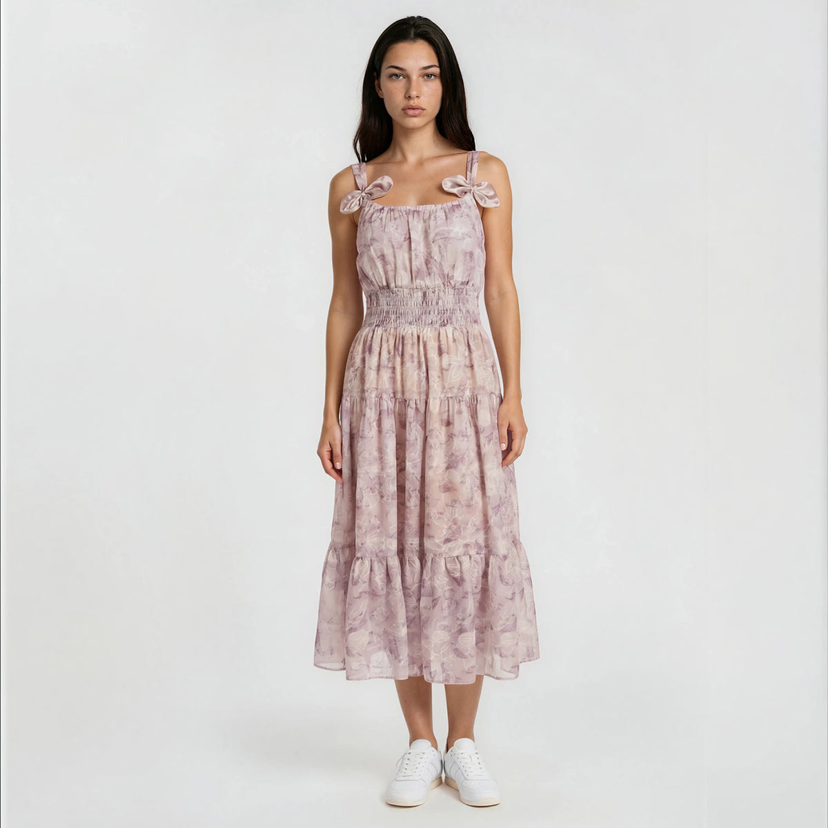 Watercolor Print Sofia with Bow Maxi Dress