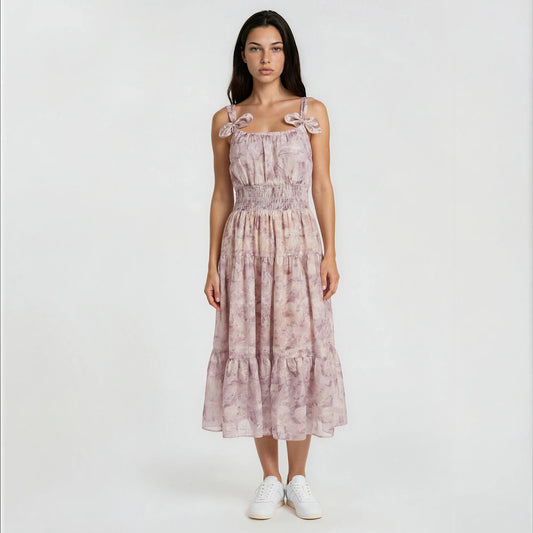 Watercolor Print Sofia with Bow Maxi Dress