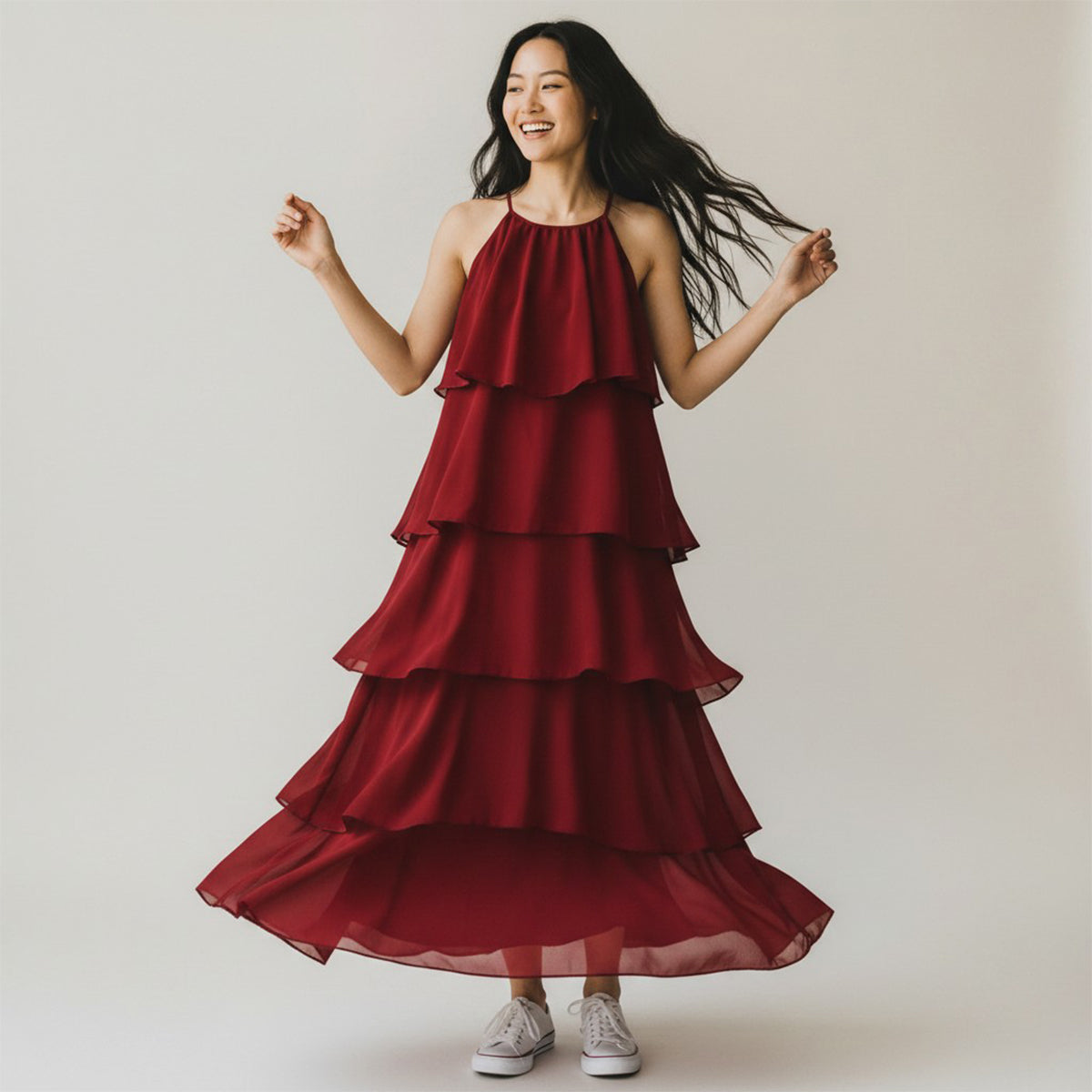 Daphne Halter Layered Long Dress Plain