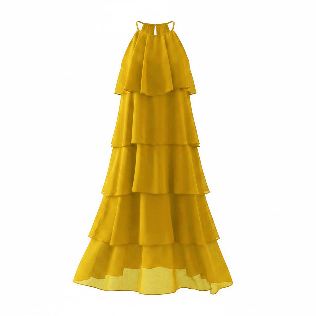 Daphne Halter Layered Long Dress Plain