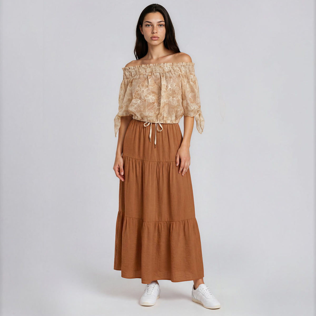 Loose Tiered Plain Maxi Skirt