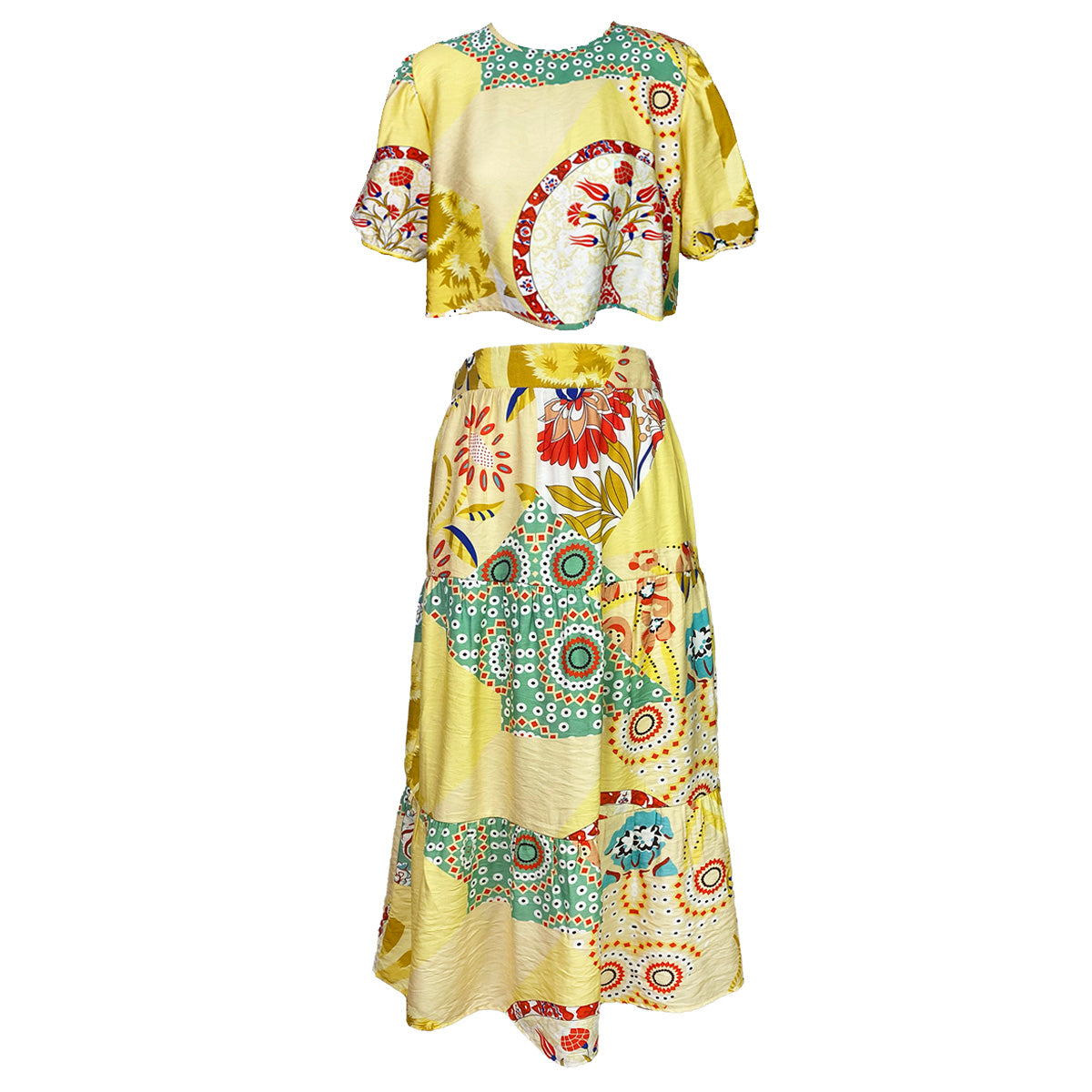 Organic Joyful Patchwork Tea Length Blouse and Skirt Set