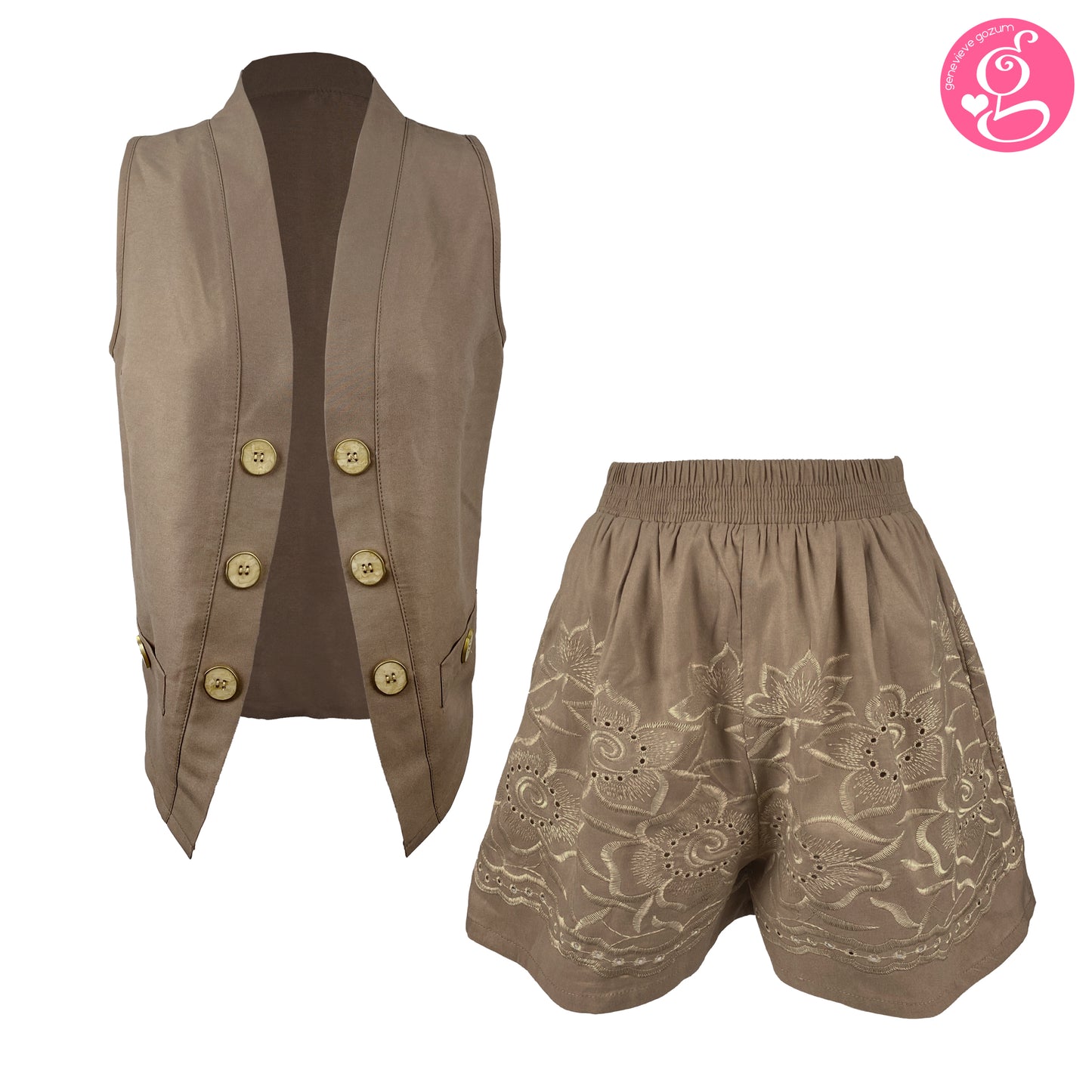 Cotton Embroidery Open Vest and Walking Shorts Set