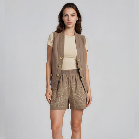 Cotton Embroidery Open Vest and Walking Shorts Set